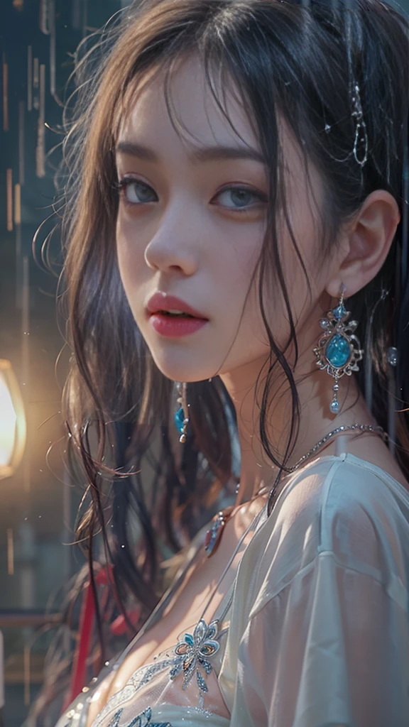 (RAW shooting, Realistic:1.5, 8k, highest quality, masterpiece, Ultra-high resolution), night, Expressions of sadness:0.7, (Typhoon heavy rain), Highly detailed skin and facial textures:1.3, Perfect dynamic composition:1.0, A slim high school girl wet with rain, Sexy beauty, Very beautiful face, Perfect Style, beautifully、beautiful, Fair skin, (The rain drips down on my body:1.0, Wet Hair:1.0, Wet casual clothes:1.0), Water droplets on the skin, Shapely breasts, Chest gap, A shy smile, Her expression when she felt intense caresses, Facial expressions when feeling happy, (Beautiful erotic eyes, Sexy lips), attractive, necklace, Earrings, bracelet, ribbon, Too erotic, Cowboy Shot