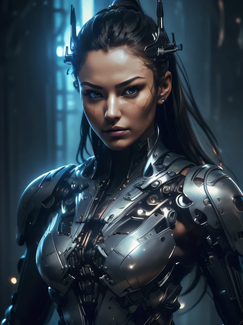 ((Masterpiece, top quality, highly detailed, high resolution, photorealistic, sharp focus, cinematic lighting)), ((solo woman, middle shot, focus from the chest up, face light)), high contrast , Warflame close-up, monocular lens, wearing intricately patterned armor, villain cyborg, alien cyborg, Crisis nano suit, assassin's elaborate mech armor, bad guy's face in armor, cool cyborg still photography, dynamic action, looking at the viewer, black mecha
