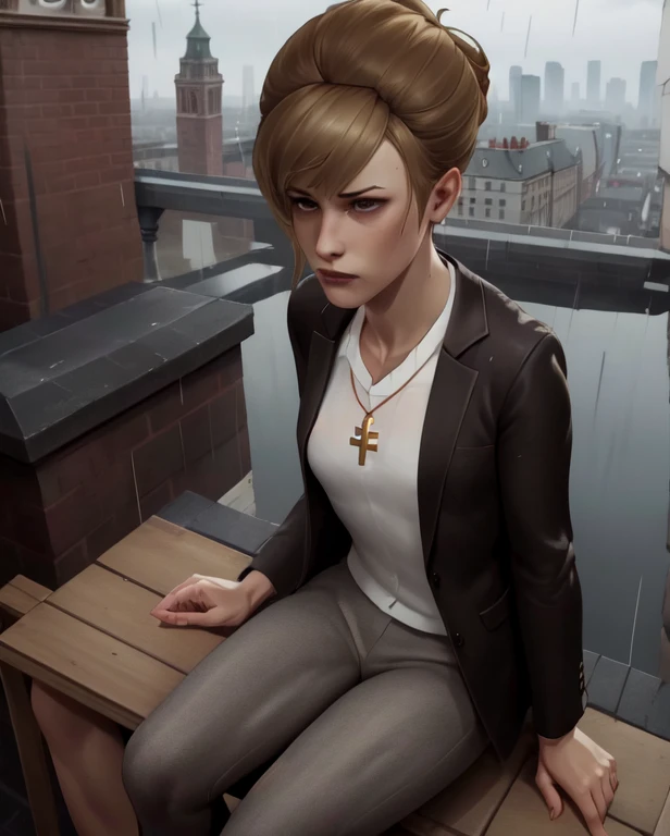 (highres, best quality:1.3), kat3LIS, dark blonde hair, hair bun, hazel eyes, slender, wool blazer, cross necklace, raining, wet clothing, wet skin, from above, wide shot, (sullen expression:1.2), (sitting on parapet:1.1), rooftop, tall red brick building, private school, oregon, skinny body, small breasts, skinny legs, tiny hips,