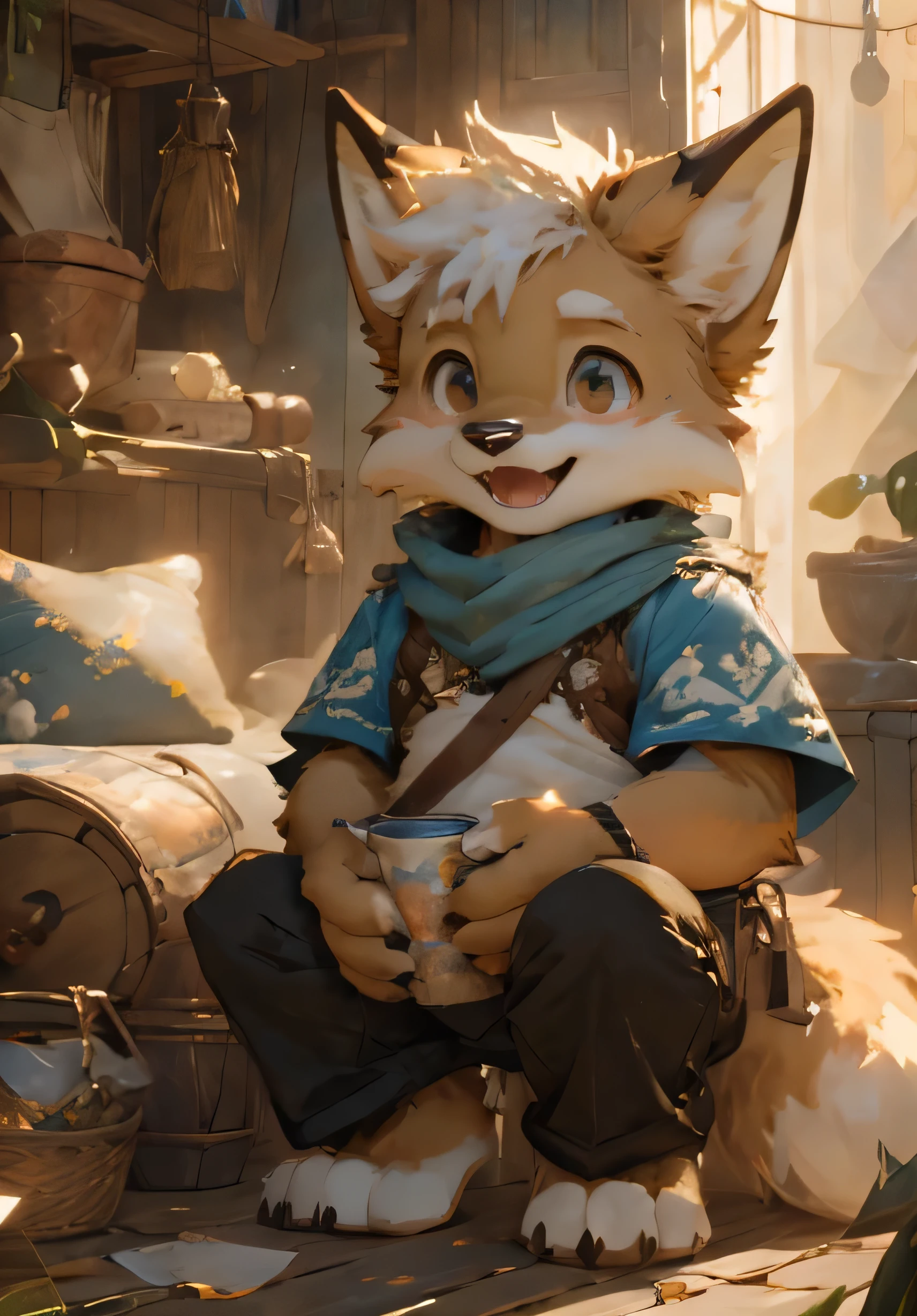 (masterpiece)，(Very detailed)，(best quality)，hairy，fox，Golden fur，white hair，Black pupil，(Adventurer's clothes)，((Happy expression))，Forest background，8k，(high quality)，(Ultra HD)，(Ultra Detailed)，（Young children），（Juvenile），Perfect sunshine，（Hugging the pillow），（Squatting on the bed），（There is a white liquid in the mouth）