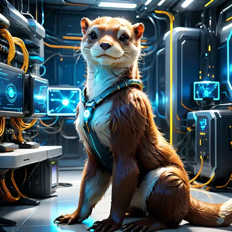 An Otter Cyber Art, realistic otter is a very sophisticated high-tech cyborg with artificial intelligence in some secret cyber l...