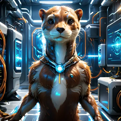 An Otter Cyber Art, realistic otter is a very sophisticated high-tech cyborg with artificial intelligence in some secret cyber l...