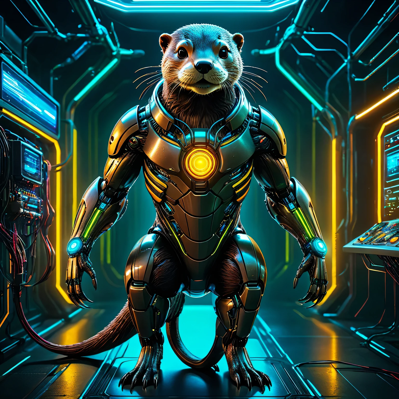 Un cyber-art de loutre, Otter est un cyborg de haute technologie très sophistiqué doté d&#39;une intelligence artificielle dans un cyber-laboratoire secret, difficile, détaillé, fils et électronique, lumière et lasers, néon, capteurs, détaillé photo, le cyborg loutre est montré en détail, pose complète, Tout le corps, lissage des textures, moteur irréel 5