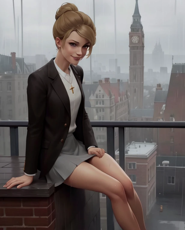 (highres, best quality:1.3), kat3LIS, dark blonde hair, hair bun, hazel eyes, slender, wool blazer, cross necklace, raining, wet clothing, wet skin, front view, smiling,  (sitting on parapet:1.1), rooftop, tall red brick building, private school, skirt, oregon, skinny body, small breasts, skinny legs, tiny hips,