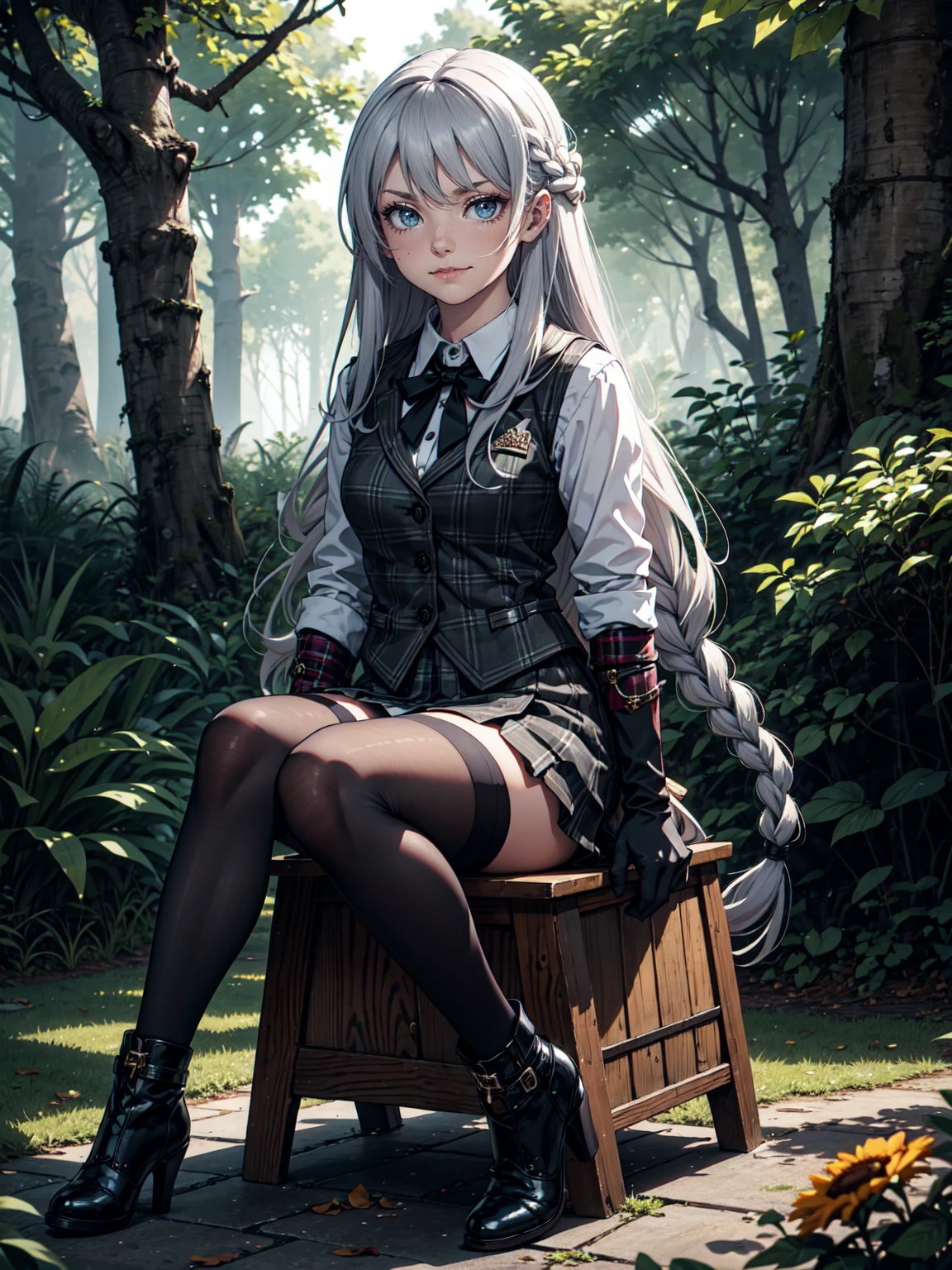 Ultra High Definition, Ultra High Quality, Hyper Definition, Hyper Quality, Hyper Detailed, Extremely Detailed, Perfectly Detailed, 8k, 1 Anime Female, Long Silver Hair with Small Braids,  Black Luxury Vest, Grey Plaid Skirt, Dark Boots On Heels, Black Tights, Gloves, Solid Green Eyes, Smirking  Expressio, Sitting, White Flower Barrette, Dressed in school , Forest Panoramic Background
