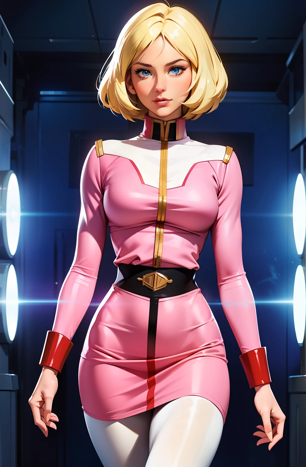 ((masterpiece)), ((cinematic lighting)), realistic photo、Real Images、Top image quality、1girl in, sayla mass, Elegant, masterpiece, Convoluted, slim arms, wide hips, thigh gaps, Best Quality, absurderes, high face detail, Perfect eyes, mature, Cowboy Shot, , Vibrant colors, soft pink uniform, soft pink Skirt, white tights