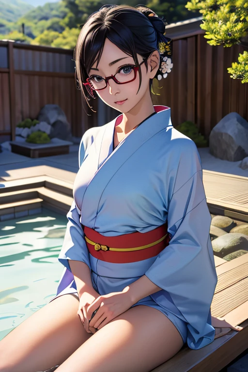 (chef-d&#39;œuvre, la plus haute qualité), une fille,  Satou, Satou, Lunettes, Yukata, Satou, Lunettes, 赤いフレームのLunettes, Ville Onsen au Japon:1.5,De la tête à la taille,Yukata:1.6,source chaude,Dōgo Onsen,Sources chaudes de Kusatsu,