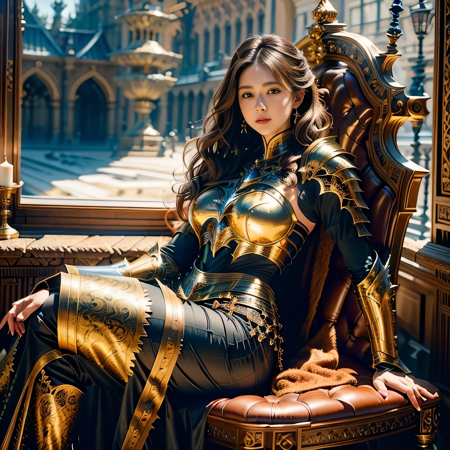 Busty brunette, knight in intricate armor, masterpiece, best quality, realistic, hyperrealistic, 16k hdr, photorealistic, cinematic, medieval scene, knight's throne view, 25yo, voluptuous woman,(brown hair, cascading curls:1.3),brown leather armor,enhanced breasts,from front,seated,chest focus,chainmail, gloved hands resting on sword, dramatic lighting, knightly background, knight's portrait view, high resolution, ultra-detailed, ultra-sharp, chivalric atmosphere, 1 girl, full body armor, brown eyes, detailed