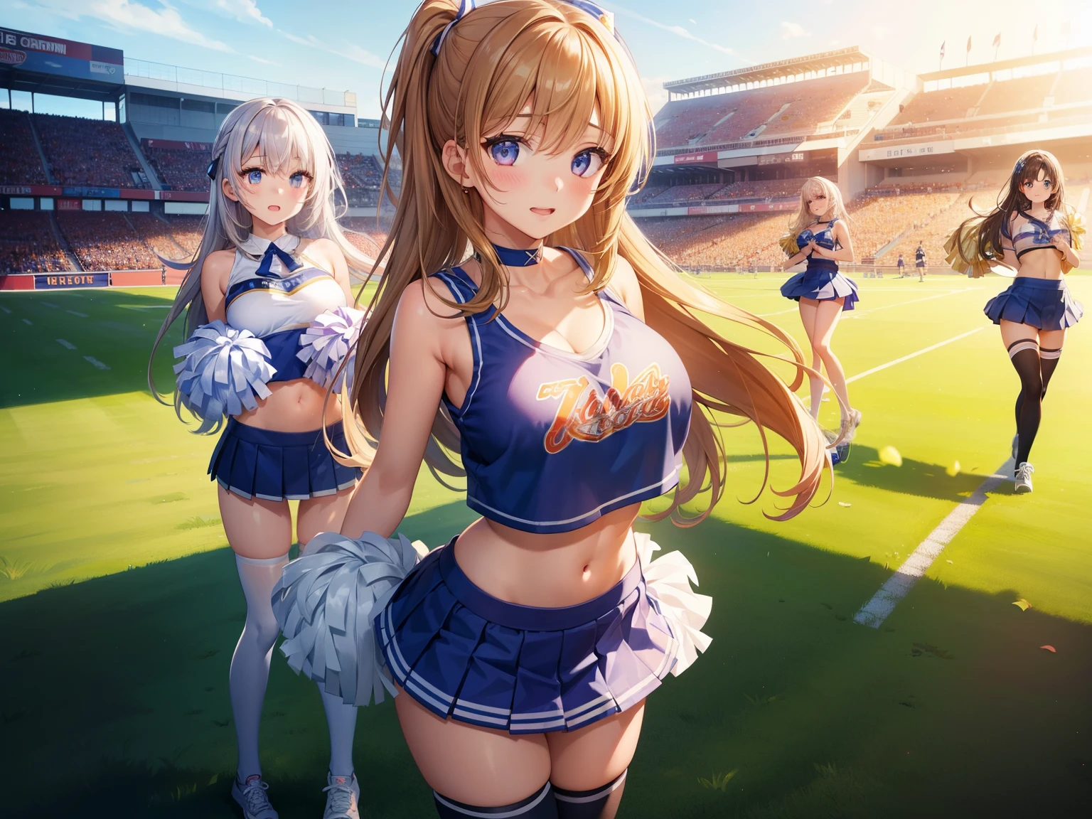 3 meninas, (várias garotas), Altamente detalhado, melhor qualidade, ilustração, jogo cg, anatomia perfeita, Linda garota de rosto fofo, cabelo bonito, lindos olhos detalhados, gargantilha, (Líder de torcida), barriga, campo escolar, iluminação natural, Aichan, meias brancas, clavícula, sem mangas, líder de torcida, seios grandes