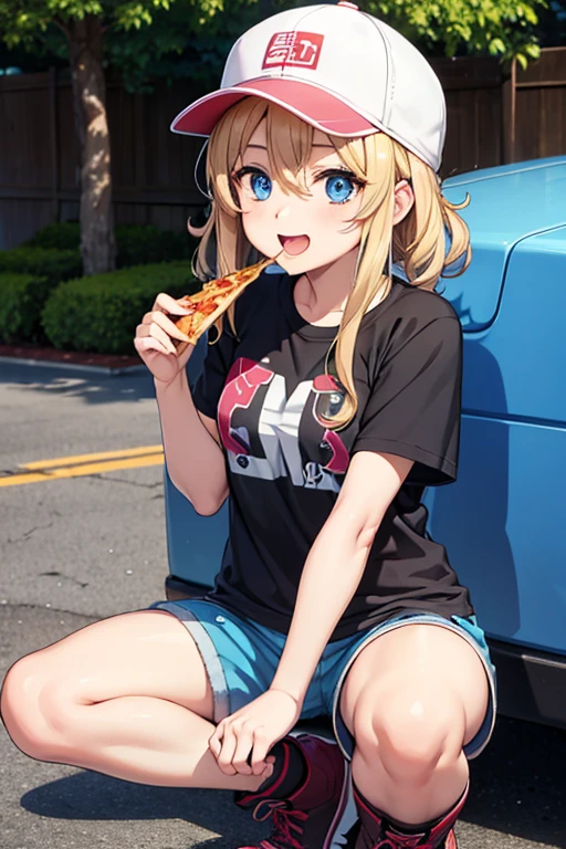 Anime Art、Full body portrait、Shadowrun、Future SF delivery guy、A woman, about 170cm tall, around 38 years old, wearing a T-shirt, jacket and shorts, eating pizza while walking、Short, medium length, curly blonde hair、Laughing with mouth open、Blue Eyes、Wearing a cap cap、sports boots、Drones are being brought along、Sitting on the front of a pickup truck