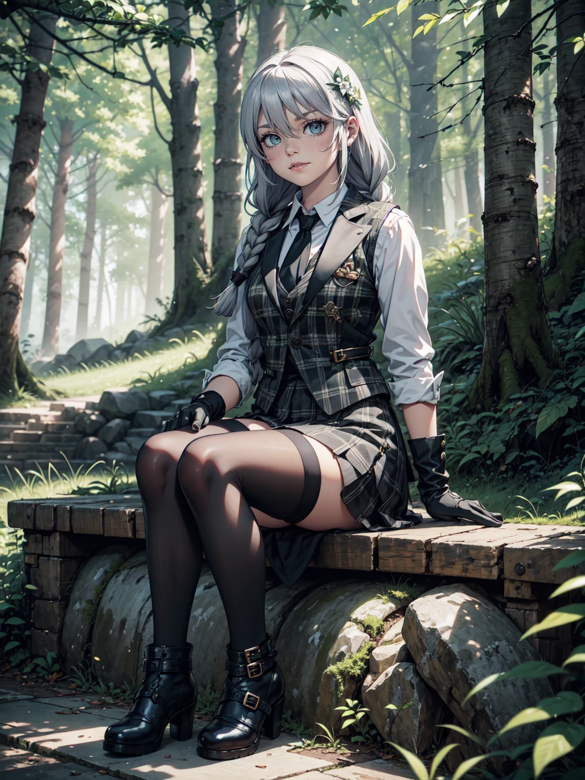 Ultra High Definition, Ultra High Quality, Hyper Definition, Hyper Quality, Hyper Detailed, Extremely Detailed, Perfectly Detailed, 8k, 1 Anime Female, Long Silver Hair with Small Braids,  Black Luxury Vest, Grey Plaid Skirt, Dark Boots On Heels, Black Tights, Gloves, Solid Green Eyes, Smirking  Expressio, Sitting, White Flower Barrette, Dressed in school , Forest Panoramic Background
