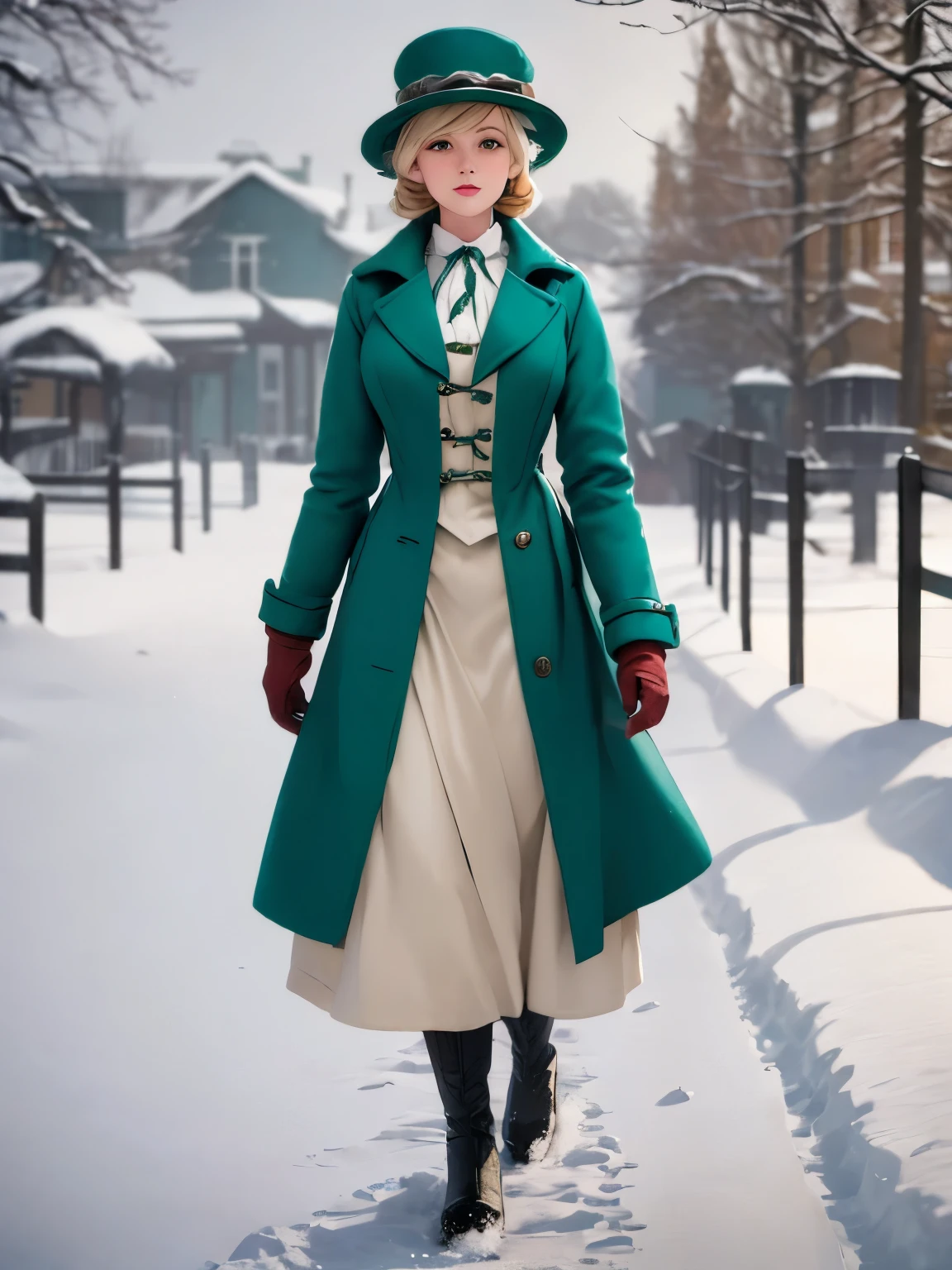 woman in green coat and hat standing ในหิมะ covered area, standing ในหิมะ, ในหิมะ, แต่งตัวเหมือนในปี 1940, เสื้อโค้ทมีสไตล์สำหรับคนคลั่งไคล้, เครื่องแต่งกายสไตล์วิคตอเรียน, ในหิมะ, ยุคสงครามโลกครั้งที่ 2, เสื้อผ้าที่ได้แรงบันดาลใจจากวิคตอเรีย, เต็มตัว:: หิมะข้างนอก::, ด้วยเสื้อผ้าสีฟ้าอมเขียว, สีทองแดงและสีน้านลึก, เสื้อคลุมแบบกอธิค