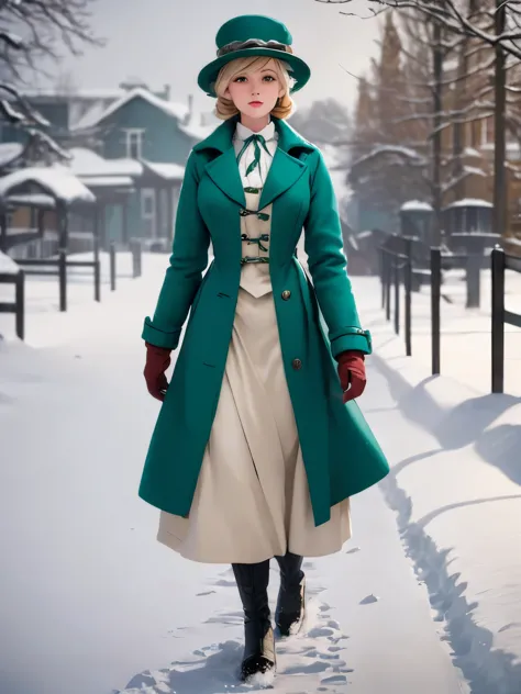 woman in green coat and hat standing in snow covered area, standing in the snow, in the snow, dressed like in the 1940s, stylish...