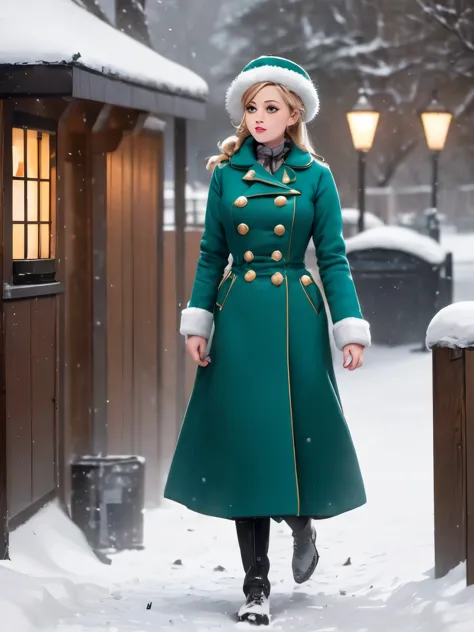 woman in green coat and hat standing in snow covered area, standing in the snow, in the snow, dressed like in the 1940s, stylish...