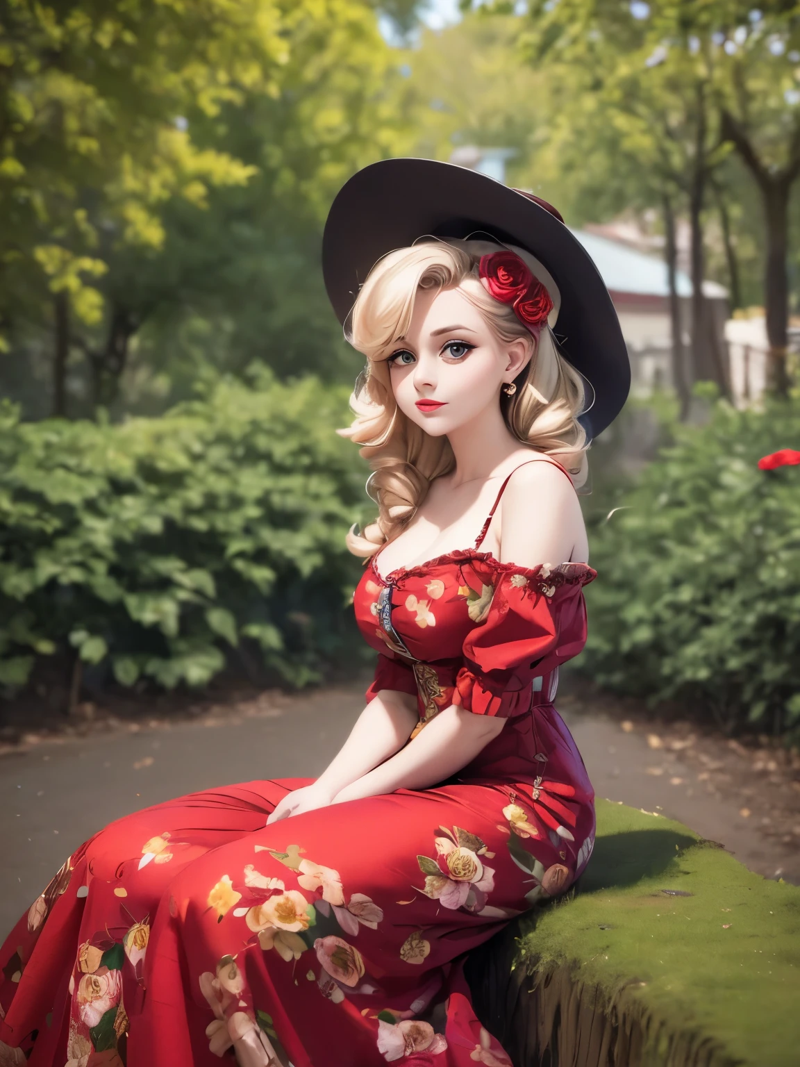 Frau sitzt auf einem Baumstumpf und trägt ein Kleid und einen Hut, ein Porträt von Zofia Stryjenska, tumblr, Renaissance, Pinup-Stil, Rockabilly style, Romantisches Kleid, gekleidet in ein Blumenkleid, rote Rose im Haar, rotes Blumenkleid, rotes Kleid und Hut, Rockabilly, Blumen-Couture, schwarzes und rotes Kleid, gekleidet wie in den 1940er Jahren