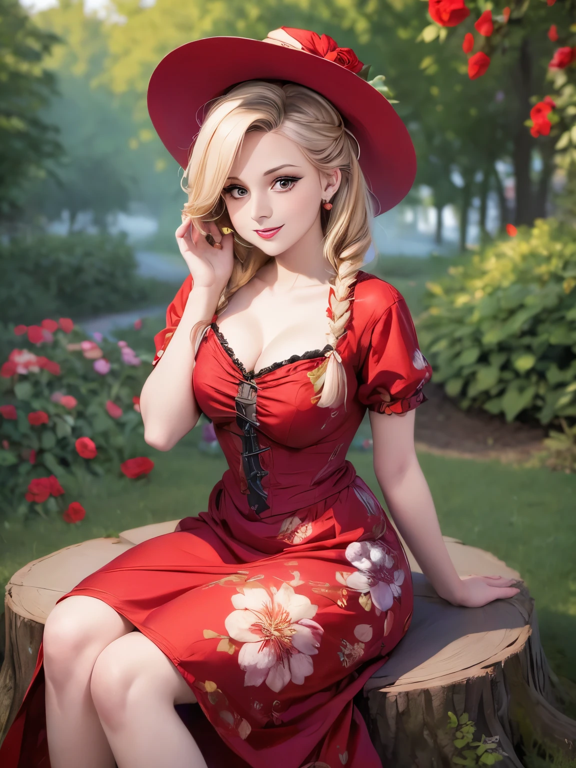 Frau sitzt auf einem Baumstumpf und trägt ein Kleid und einen Hut, ein Porträt von Zofia Stryjenska, tumblr, Renaissance, Pinup-Stil, Rockabilly style, romantisches Kleid, gekleidet in ein Blumenkleid, rote Rose im Haar, rotes Blumenkleid, rotes Kleid und Hut, Rockabilly, Blumen-Couture, schwarzes und rotes Kleid, gekleidet wie in den 1940er Jahren