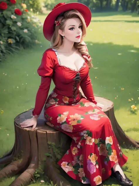 woman sitting on a tree stump wearing a dress and hat, a portrait by zofia stryjenska, tumblr, renaissance, pinup style, rockabi...