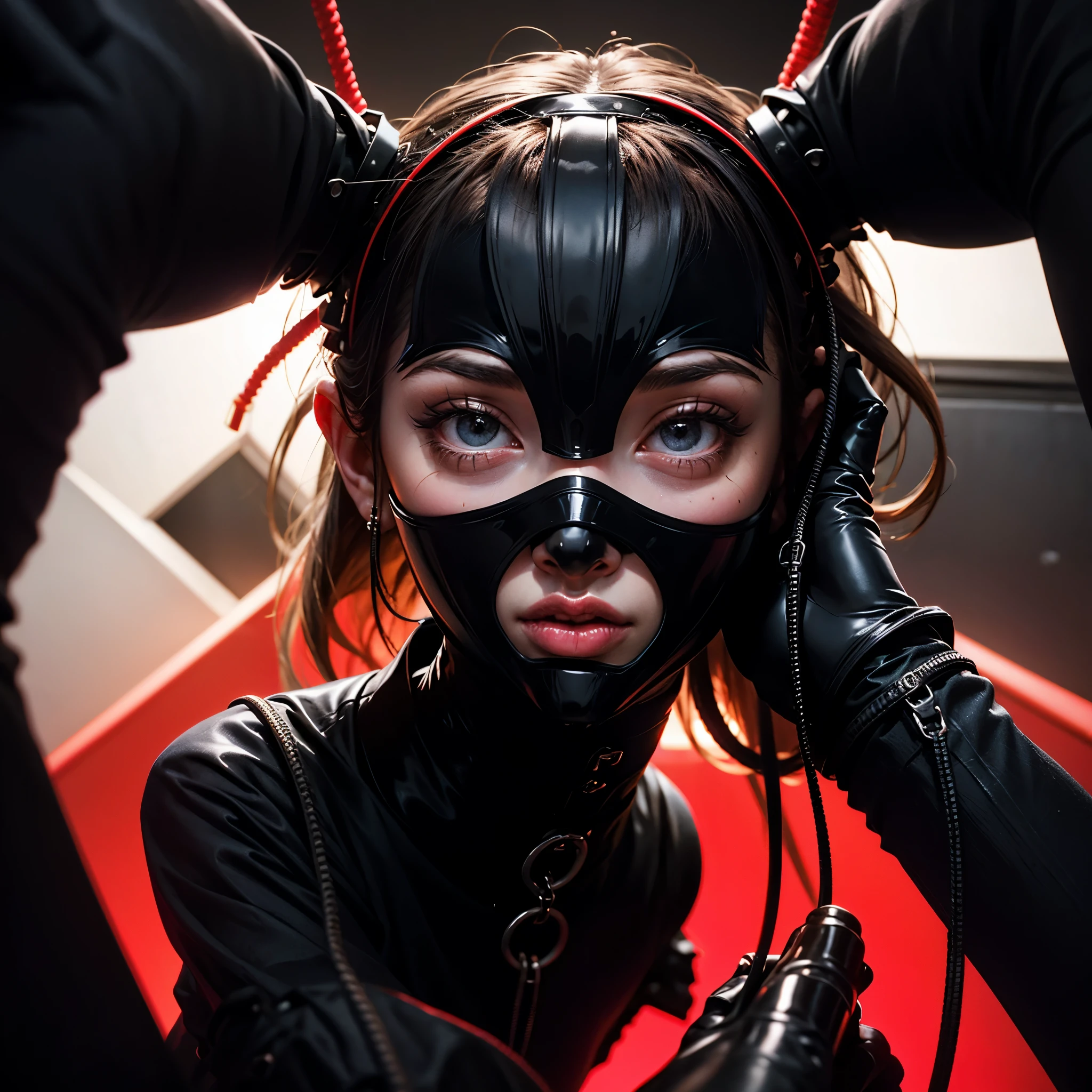 a very beautiful and very thin girl, wears black underwear with tights and latex face mask. Dark room with only red neon lighting. Viele Details, extremely realistic. good quality, 8k