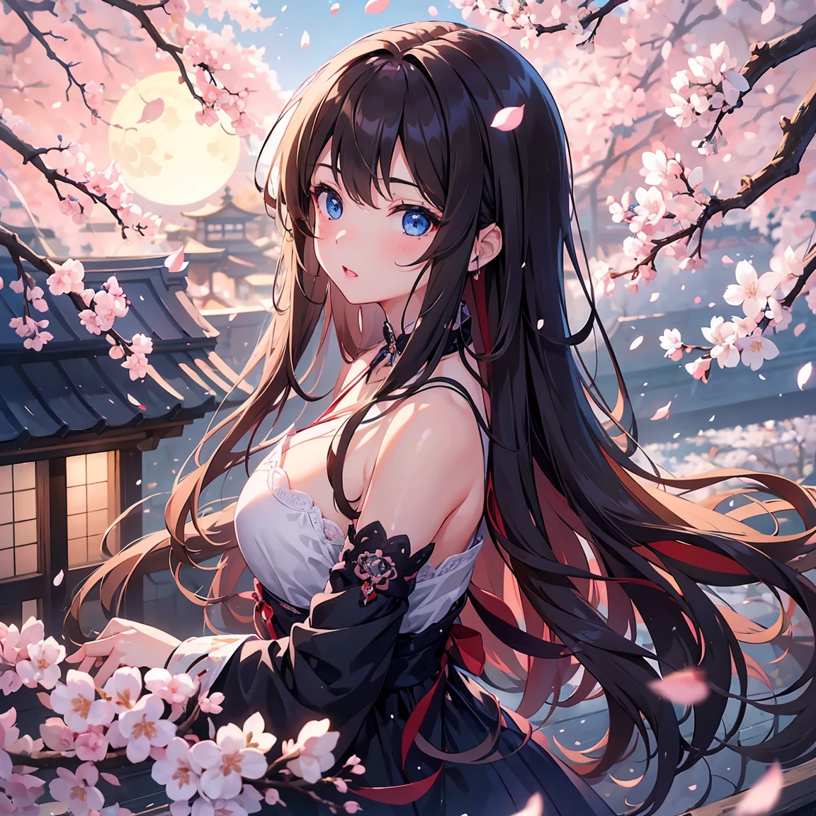 1 female、whole body、lower angle、Brown Hair、Long Hair、Well-groomed face、Thick lips、blue eyes、slim、cherry blossoms、cherry blossoms吹雪、petal、Kyoto、old buildings、night、full moon、masterpiece、Ultra-high resolution、delicate、Perfect lighting、sunlight、16k