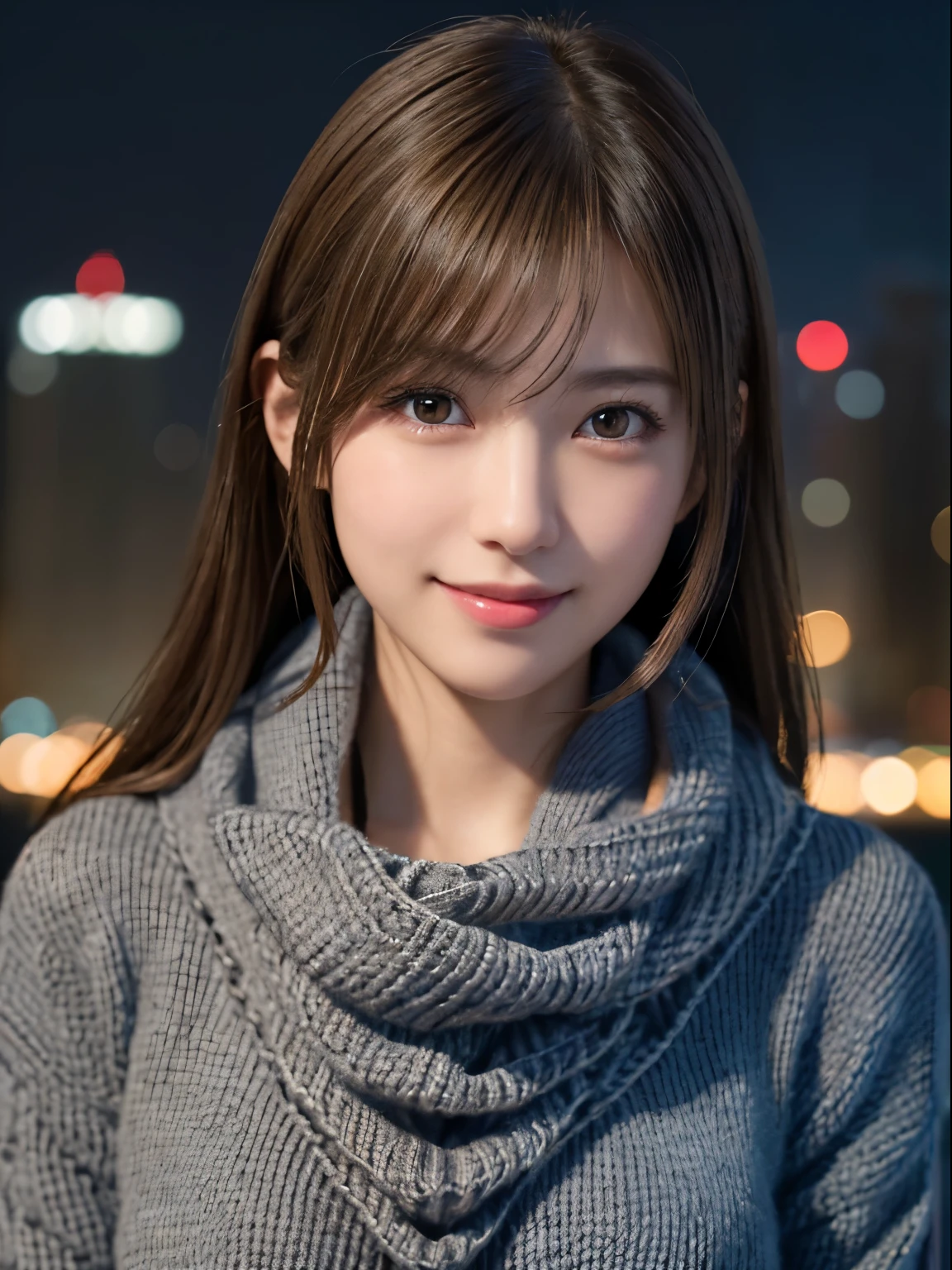 1 Japanese girl,(Dark Gray Sweater:1.4),(She has a knitted scarf around her neck.:1.2), (RAW Photos, highest quality), (Realistic, Photorealistic:1.4), Tabletop, Very delicate and beautiful, Very detailed, 8k wallpaper, wonderful, In detail, Very detailedなCG Unity, High resolution, Soft Light, Beautiful and detailed 19 year old girl, Very detailedな目と顔, Beautifully detailed nose, Beautiful fine details,Cinema Lighting,City lights at night,Perfect Anatomy,Slender body,smile  (My hair is messy, Asymmetrical bangs, Light brown hair,)