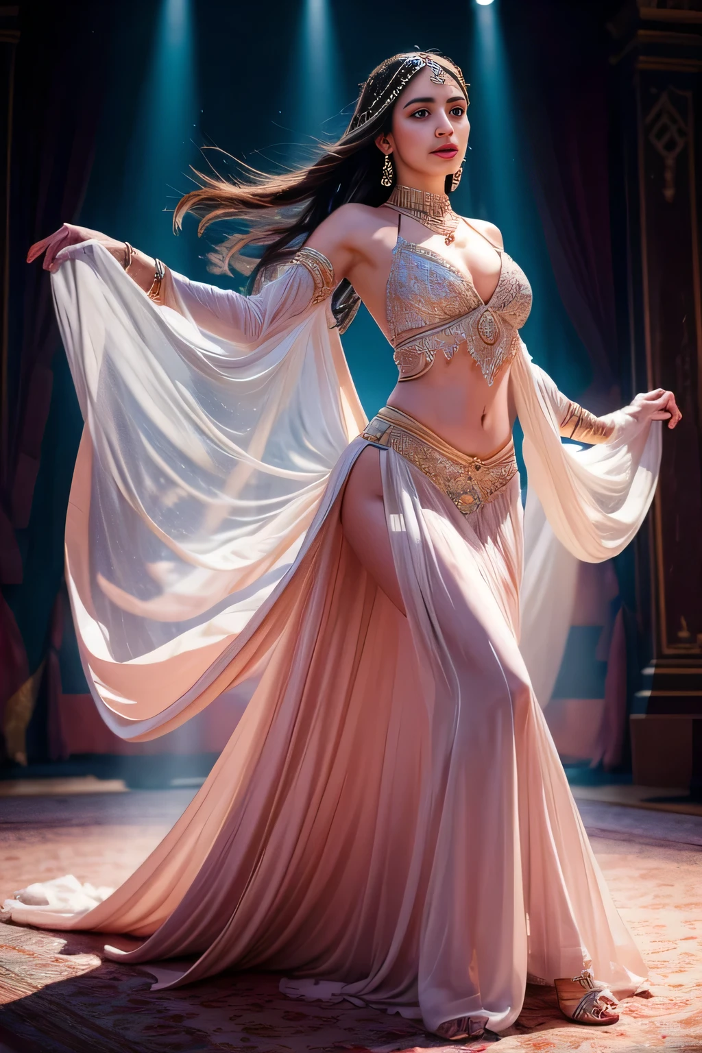 (soft lighting), traditional Arabian music, flowing fabric, vibrant colors, elegant movements, intricate jewelry, graceful poses, stunning makeup, captivating eyes, confident posture, energetic performance, mesmerizing atmosphere