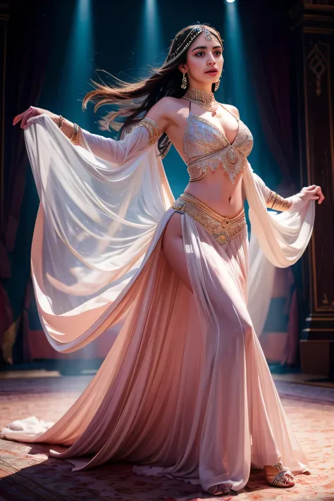 (soft lighting), traditional Arabian music, flowing fabric, vibrant colors, elegant movements, intricate jewelry, graceful poses...
