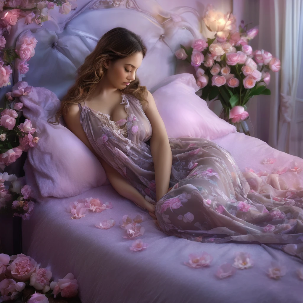 (best quality,4k,8k,highres,masterpiece:1.2),ultra-detailed,(realistic,photorealistic,photo-realistic:1.37),woman,fast asleep,sheer night gown,peaceful,otter,comfortable,sleep,between her breasts,flower filled bedroom,soft lighting,gentle colors,silky smooth textures,serene atmosphere,delicate petals,luxurious bedding,cozy ambiance