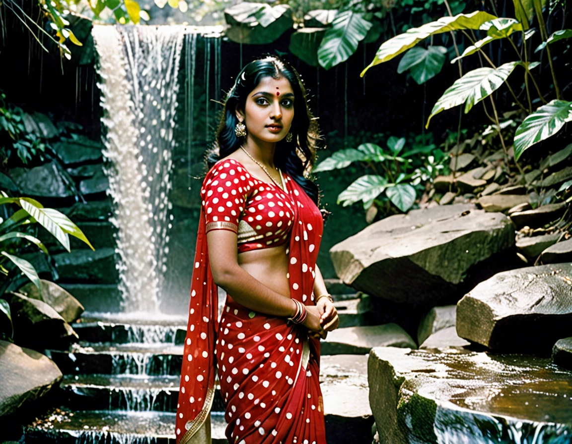 Analog color film photograph of an extremely beautiful Indian woman, wears a red Saree with white polka dots, with dark perfect eyes, short straight black hair, standing alongside a waterfall splits to reveal a stone staircase, ancient, ethereal, colorful, rays of light, vegetation —ar 5:2