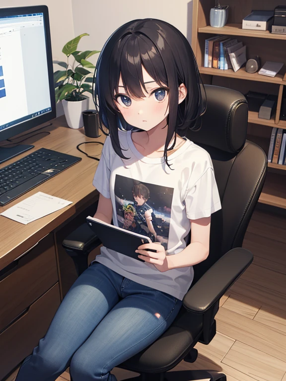 masterpiece, highest quality, Very detailed, 16k, Ultra-high resolution, One , Detailed face, black eye, Black Hair, T-Shirts, jeans, My Room, Swivel chair, Laptop on desk, Operating a computer。