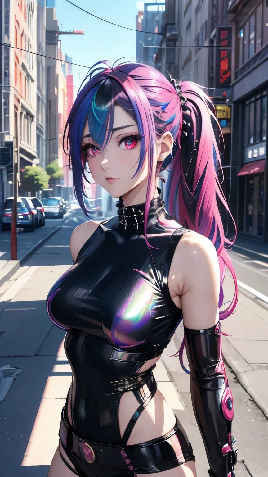 best quality, super fine, 16k, incredibly absurdres, extremely detailed, delicate and dynamic, beautiful female warrior, rainbow braided ponytail, cool and attractive look, metallic red eyes, amazing proportions, translucent iridescent reinforced bodysuit, (future punk, background ruined city:1.4)