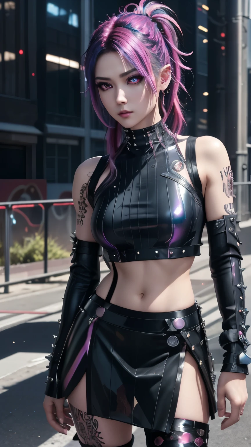 best quality, super fine, 16k, incredibly absurdres, extremely detailed, delicate and dynamic, beautiful female warrior, rainbow braided ponytail, cool and attractive look, metallic red eyes, amazing proportions, translucent iridescent reinforced bodysuit, A-line skirt, (future punk, background ruined city:1.4)