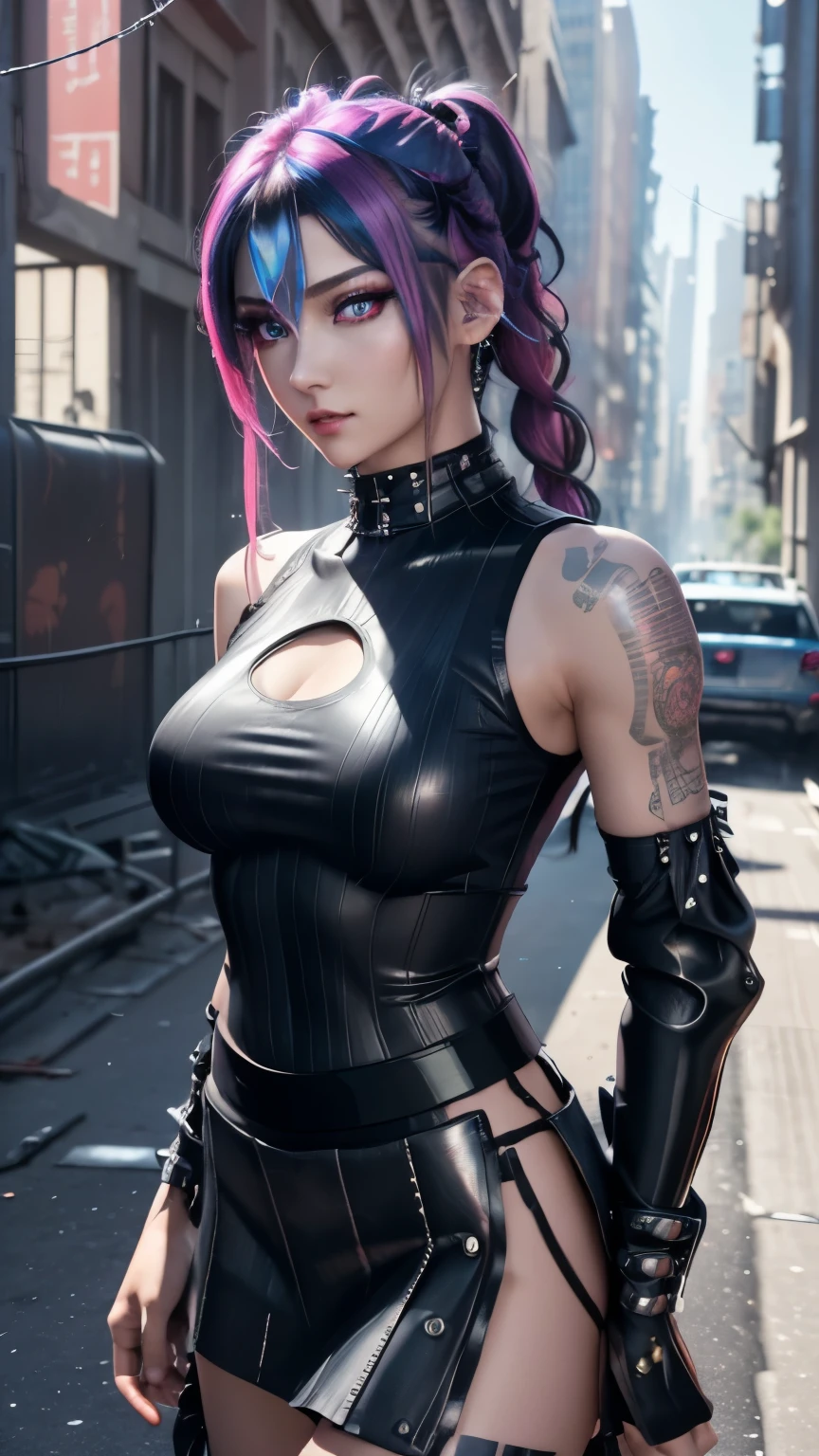 best quality, super fine, 16k, incredibly absurdres, extremely detailed, delicate and dynamic, beautiful female warrior, rainbow braided ponytail, cool and attractive look, metallic red eyes, amazing proportions, translucent iridescent reinforced bodysuit, A-line long skirt, (future punk, background ruined city:1.4)