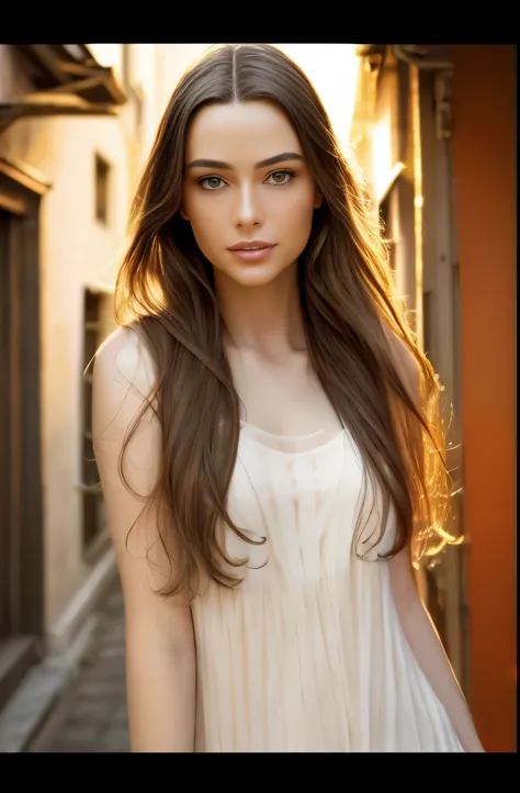 portrait photography,1girl dasha beautiful young woman with transparent western tunic dress,long_hair, solo, breasts, looking_at...