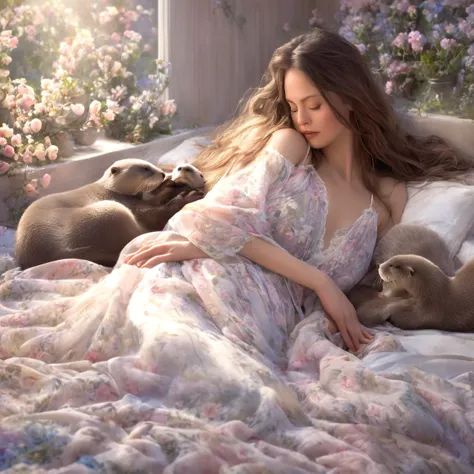 (best quality,highres),woman (fast asleep,peacefully),sheer night gown,beautiful peaceful face,long wavy hair,serene atmosphere,...