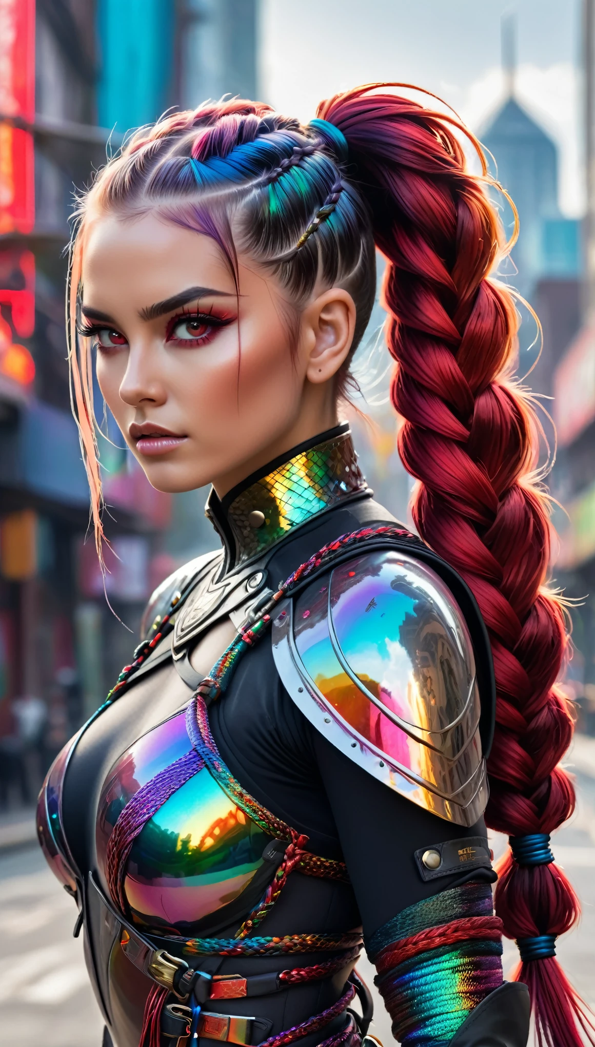 best quality, super fine, 16k, incredibly absurdres, extremely detailed, delicate and dynamic, beautiful female warrior, rainbow braided ponytail, cool and attractive look, metallic red eyes, amazing proportions, translucent iridescent reinforced bodysuit, future punk, background ruined city