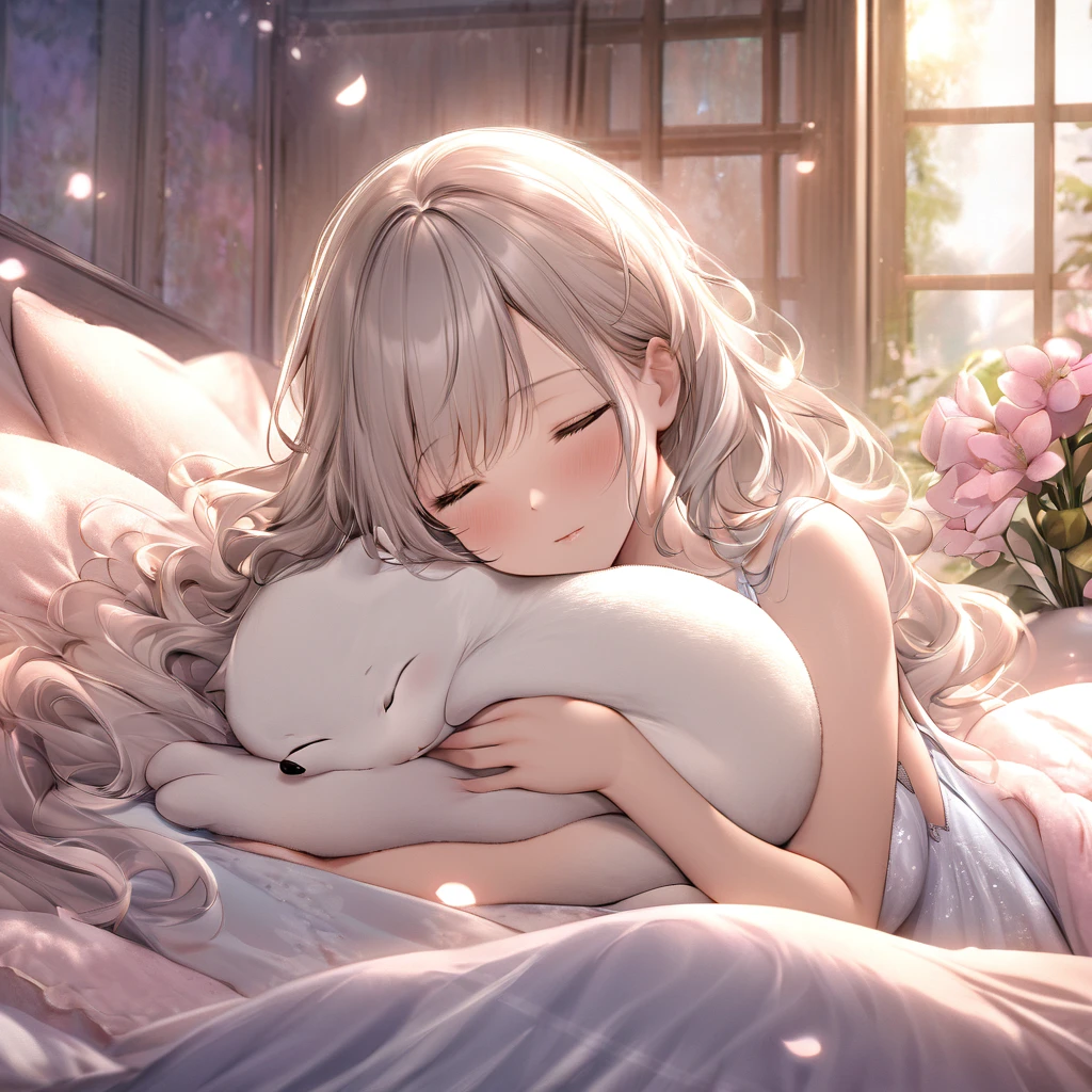 (best quality,highres),woman (fast asleep,peacefully),sheer night gown,beautiful peaceful face,long wavy hair,serene atmosphere,soft light,vibrant flower-filled bedroom,comfortable bed,plush pillows and blankets,fragrant flowers,delicate petals,soft color palette,gentle breeze,tranquil music playing in the background,open windows letting in moonlight,dreamy ambiance,calm and relaxing environment,blissful dreams,endearing otter,playful creature,cute and cuddly features,curled up between her breasts,snuggling in warmth and comfort,sleeping peacefully,gentle touch,warmth of her body,deep bond between woman and otter,harmony between nature and human,peaceful coexistence,tranquil and surreal scene,heartwarming connection.