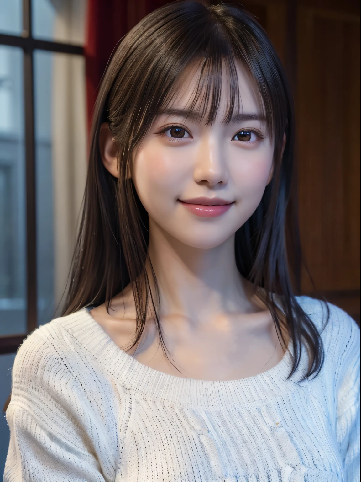 1 Japanese girl,(White sweater:1.4), (RAW Photos, highest quality), (Realistic, Realistic:1.4), Tabletop, Very delicate and beautiful, Very detailed, 8k wallpaper, wonderful, In detail, Very detailedなCG Unity, High resolution, Soft Light, Beautiful details 19 years old, Very detailedな目と顔, Beautiful and detailed nose, Beautiful details,Cinema Lighting,Perfect Anatomy,Slender body,smile  (Asymmetrical bangs,)