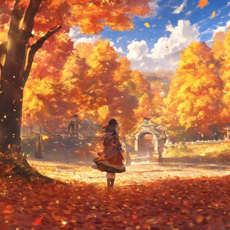 masterpiece, concept art, panorama, at the center, figure, wide shot, dynamic lighting, bright colors, autumn leaves,1 girl,