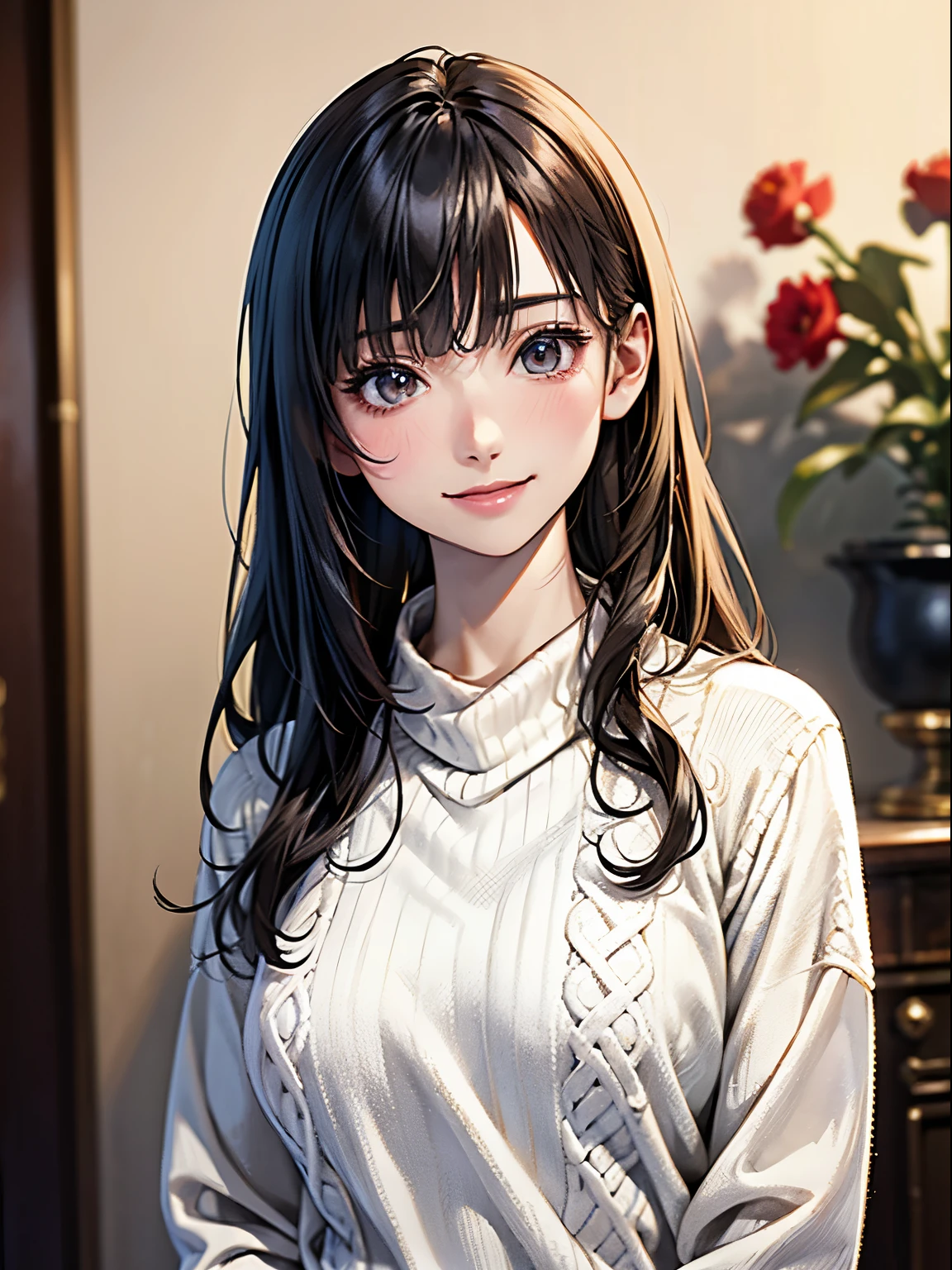 1 Japanese girl,(White sweater:1.4), (RAW Photos, highest quality), (Realistic, Realistic:1.4), Tabletop, Very delicate and beautiful, Very detailed, 8k wallpaper, wonderful, In detail, Very detailedなCG Unity, High resolution, Soft Light, Beautiful details 19 years old, Very detailedな目と顔, Beautiful and detailed nose, Beautiful details,Cinema Lighting,Perfect Anatomy,Slender body,smile  (Asymmetrical bangs,)