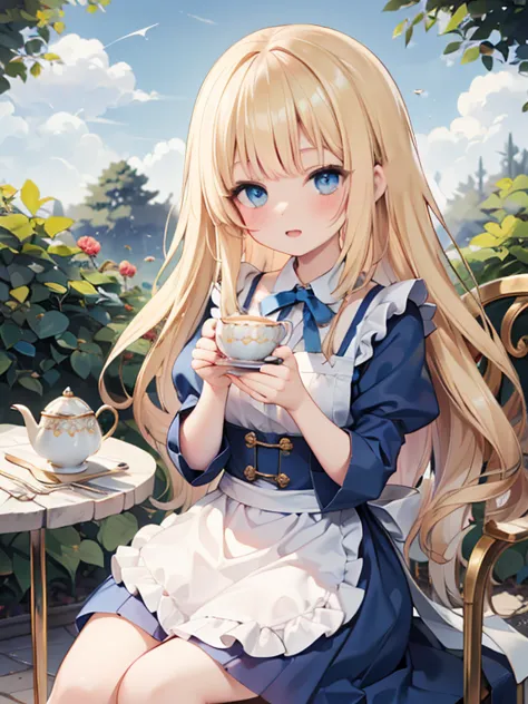 (8k, highest quality, tabletop:1.2)、ultra-high resolution、alice in wonderland, one 10-year-old girl, detailed face、blue eyes, bl...