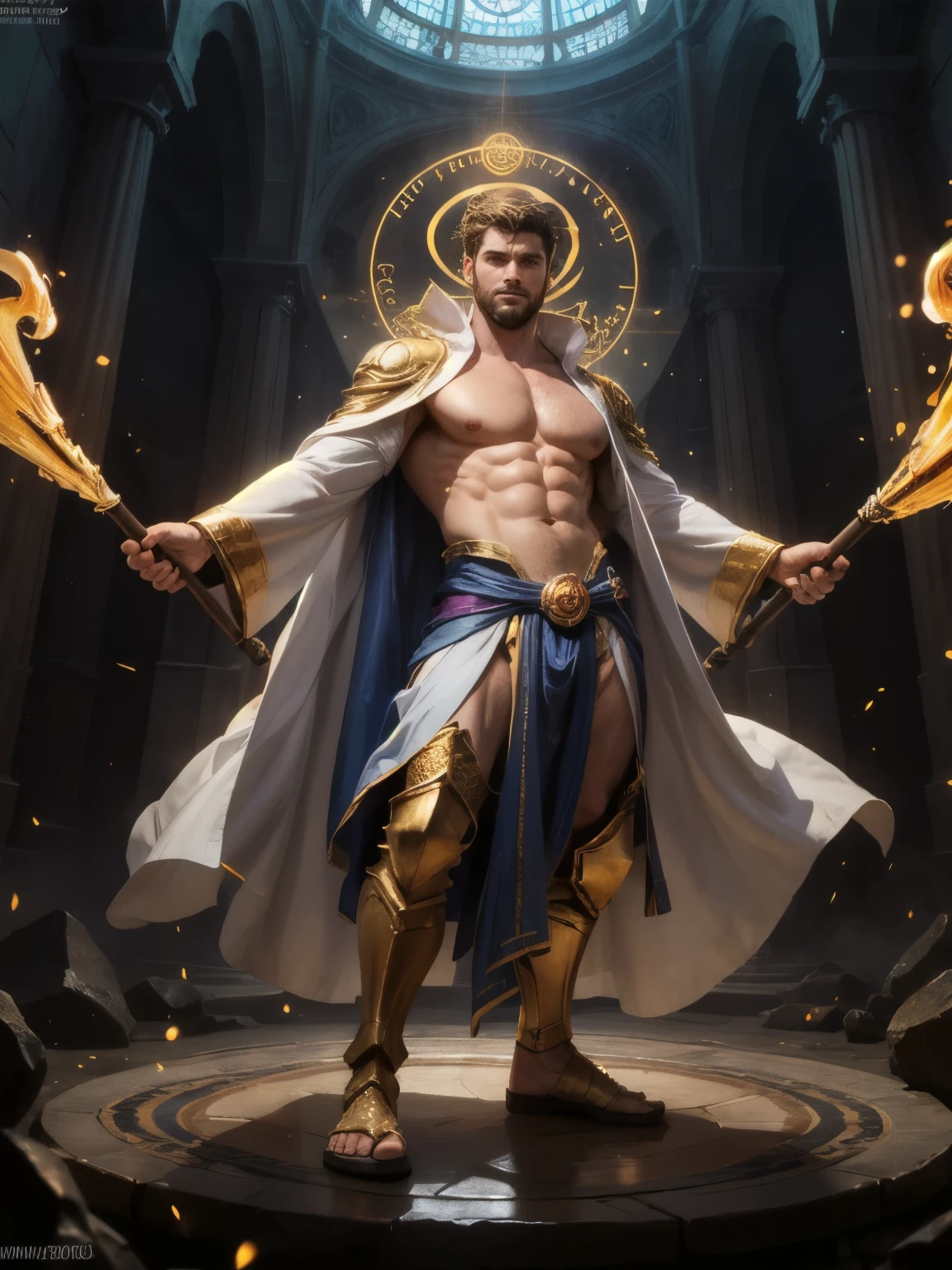 best quality, unity cg, masterpiece, hyper realistic image of extremely handsome and tall 30 year old man, dressed like a fantasy holy cleric with white see through robes, exposed chest, holding a majestic holy staff, arms open wide, ((magic golden particles)), ((golden wisps circle him)), perfection, absurdly elaborate fantasy shoulders, full body, fill frame, highly detailed, intricate details, sharp focus, dynamic lighting, dynamic shadows, (((no watermark)))