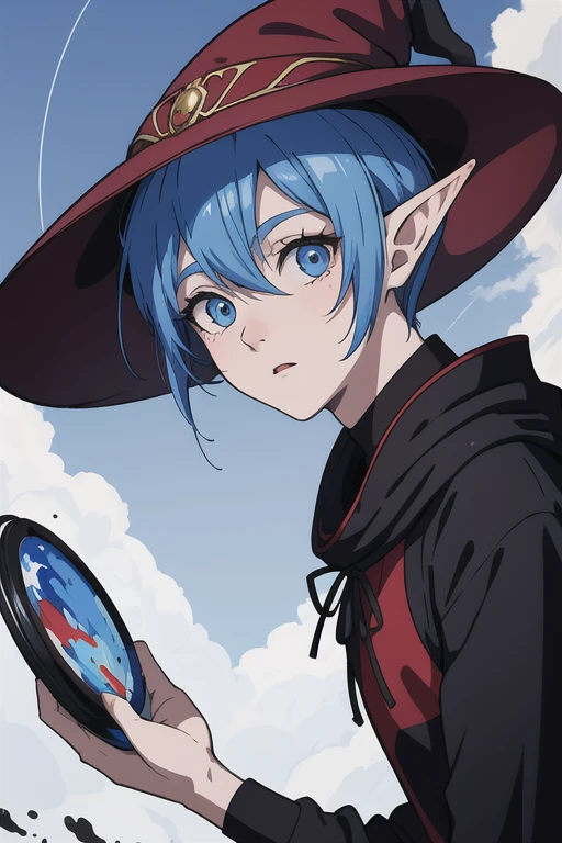 "(best quality, masterpieces:1.2), solo focus, 1boy, looking at viewer, black and red wizard robe, wizard hat, elf ears, expressionless, sky blue hair, sky blue eyes, short hair, hair between eyes,paint style