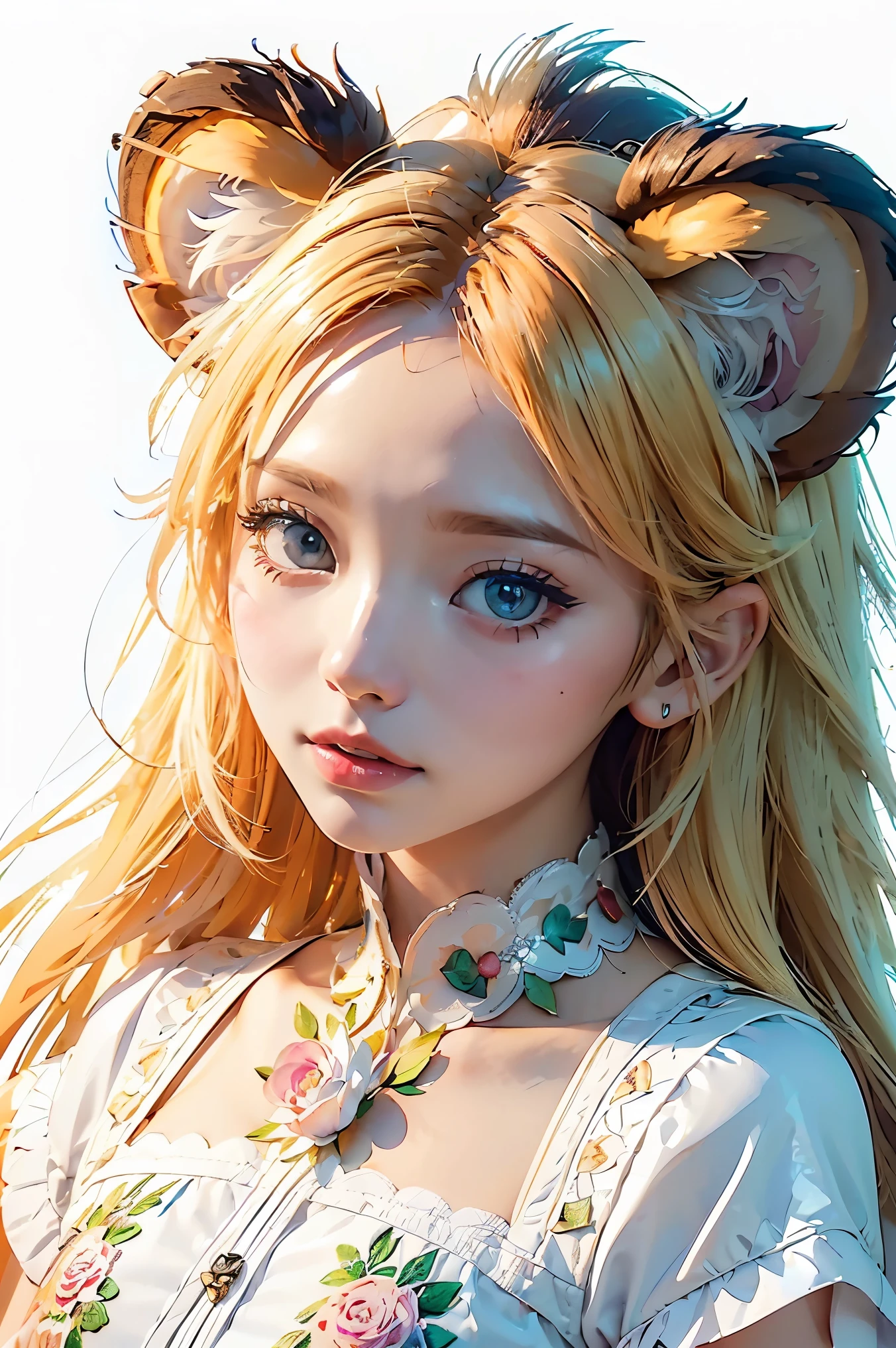 ((white background)), ((clipart )), ((sticker)), (((lion ear)), watercolor beautiful wild rose fantasy art, perfect eyes with beautiful face and flowers, angel wings, chibi cute animation style, vivid vivid colors, intricate details, hyper detail, hyper quality, 32K, Unreal Engine, isolated on white background, cute, twinkle