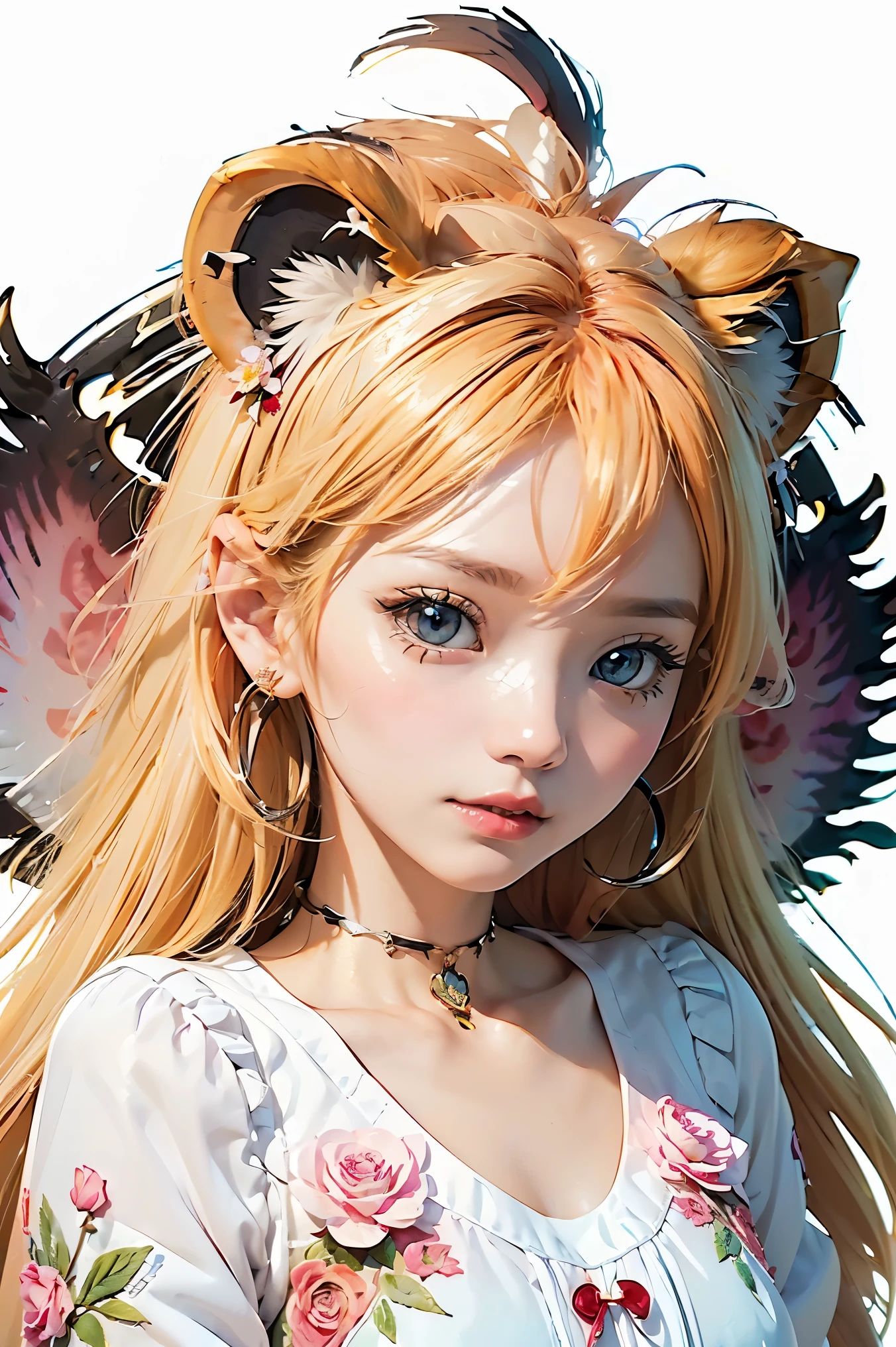 ((white background)), ((clipart )), ((sticker)), (((lion ear)), watercolor beautiful wild rose fantasy art, perfect eyes with beautiful face and flowers, angel wings, chibi cute animation style, vivid vivid colors, intricate details, hyper detail, hyper quality, 32K, Unreal Engine, isolated on white background, cute, twinkle