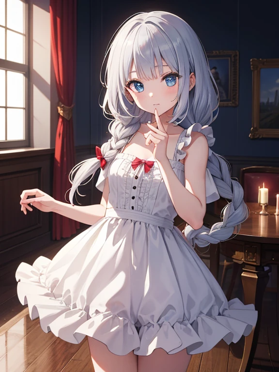 (8k, highest quality, Tabletop:1.2)、Ultra-high resolution, 9-year-old girl, Perfect Fingers, Detailed face, blue eyes, Silver Hair, Braid, Long Hair, White ruffle dress, Inside the castle, Dance