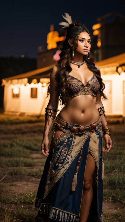 A high resolution ultra detailed realistic photo with a Native American woman, Native American woman with long legs and curvy figure, hairstyle wild braids, clothing is a mix of cyberpunk and  Native American style, Native American woman with full body pose dancing and looking towards the Camera, the clothes swing in the air, the background of the picture is at night in the steppe with mountains in the background, Clothing Maxi dress, Clothing maxi skirt, Clothing long maxi dress, large Native American tattoos