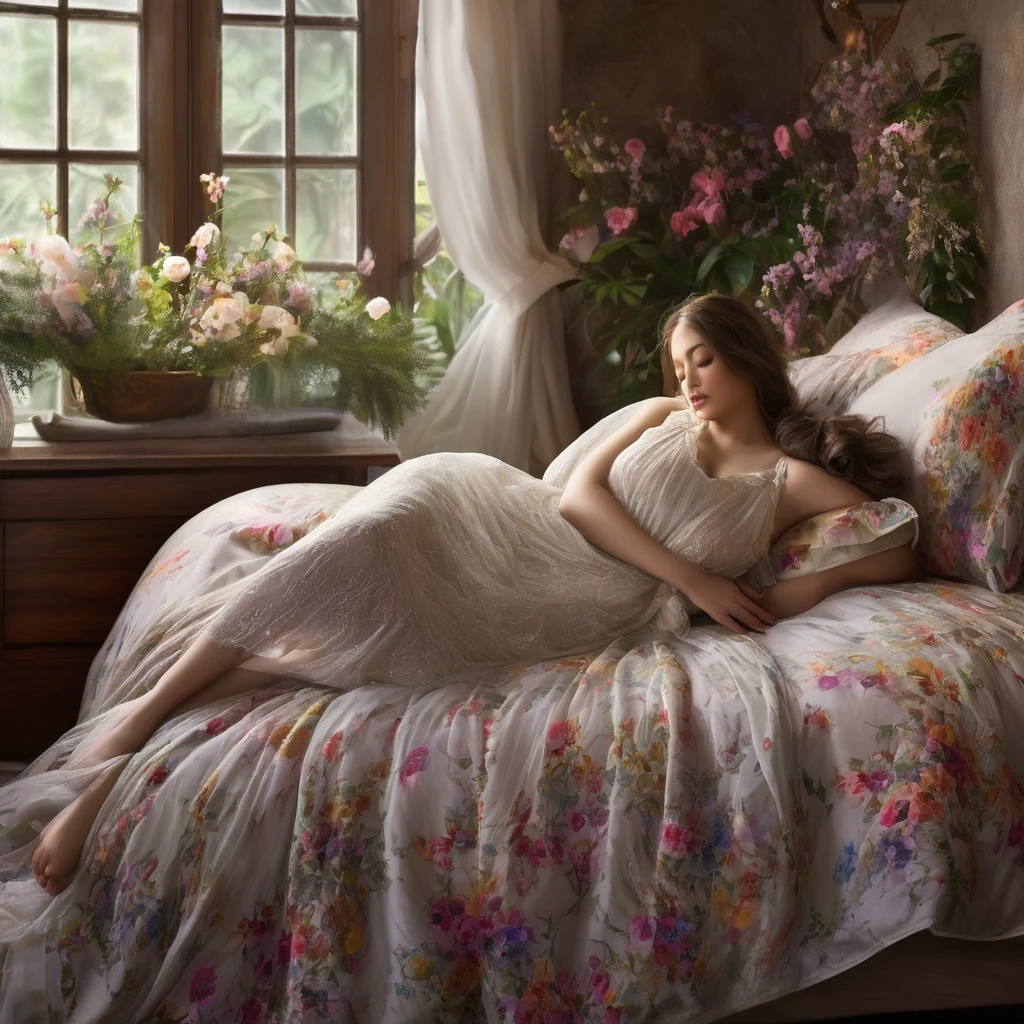 (best quality,highres,masterpiece:1.2),ultra-detailed,(realistic,photorealistic,photo-realistic:1.37),soft lighting,flawless skin,
a woman,beautiful detailed eyes,beautiful detailed lips,long eyelashes,luxurious silky hair,
a woman resting peacefully,deep sleep,sheer night gown,tranquil expression,
an otter,cute and chubby,sleeping comfortably,between her breasts,
a flower filled bedroom,colorful blooms,vibrant petals,fragrant atmosphere,
delicate bed sheets,soft and inviting,
curtains billowing gently in the breeze,
fluffy pillows for maximum comfort,
dreamlike atmosphere,
subtle moonlight cascading through the window,
peaceful ambiance,
serene and calm environment,
a sense of serenity and tranquility,
 intricate floral patterns on the walls,
 ethereal and magical feeling,
  soothing and comforting atmosphere,
   cozy and intimate setting,
    feminine and elegant decoration, 
playful and adorable otter,
quiet and gentle movement,
 a moment of pure bliss and relaxation.