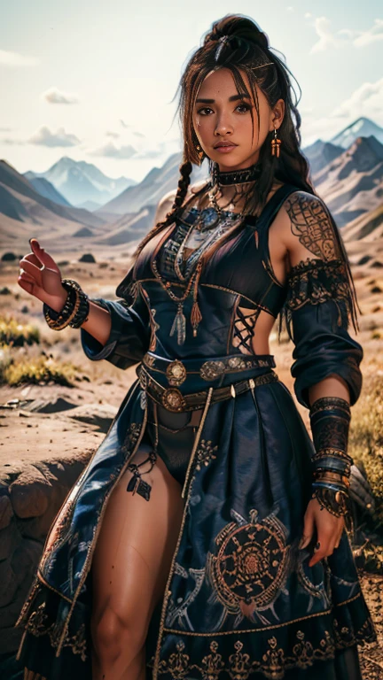 A high resolution ultra detailed realistic photo with a Native American woman, Native American woman with long legs and curvy figure, hairstyle wild braids, clothing is a mix of cyberpunk and  Native American style, Native American woman with full body pose dancing and looking towards the Camera, the clothes swing in the air, the background of the picture is at night in the steppe with mountains in the background, Clothing Maxi dress, Clothing maxi skirt, Clothing long maxi dress, large Native American tattoos, Kleidung in roter Farbe