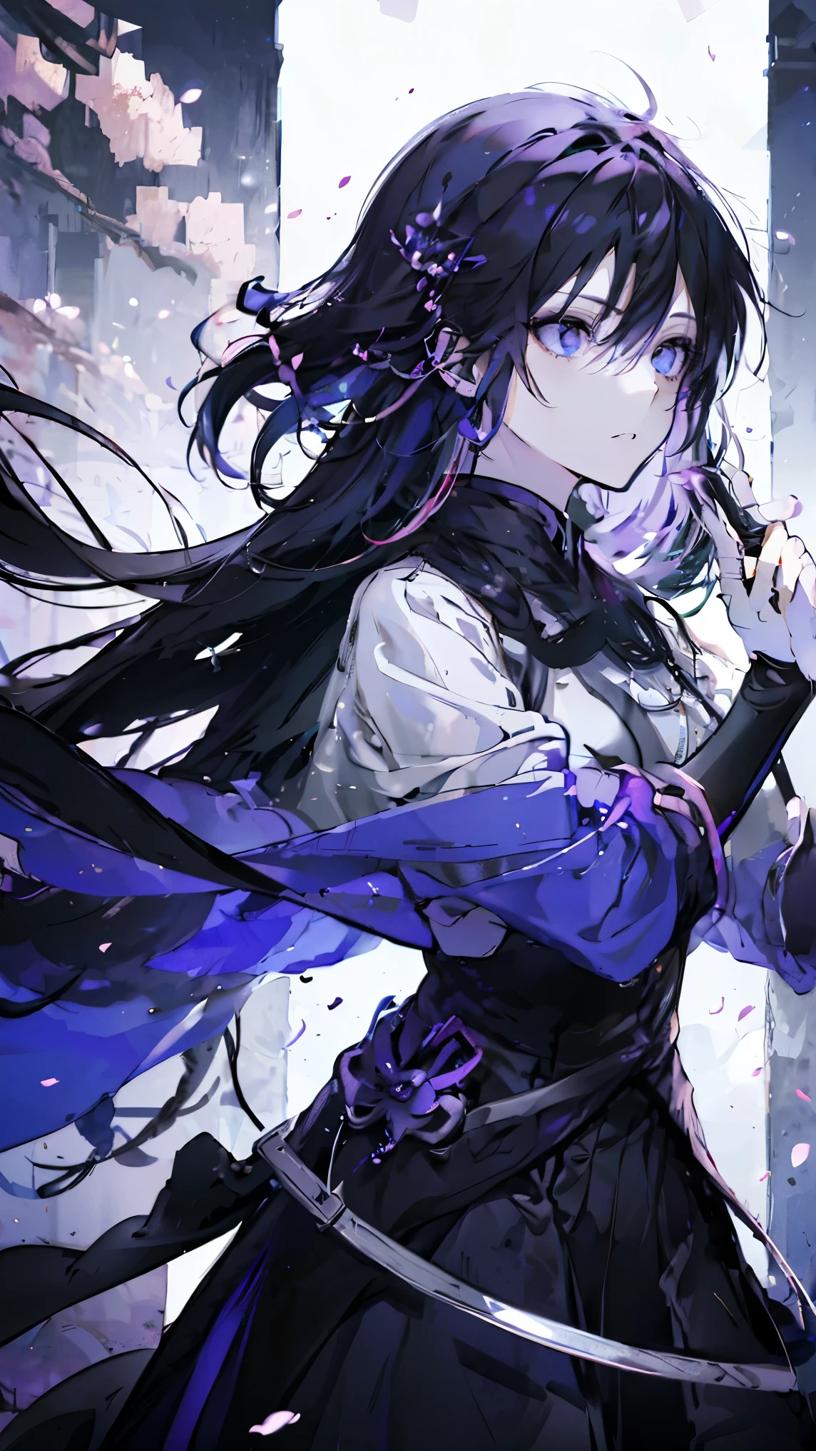 Female Kirito，Purple Eyes，Two Dimensions，anime style，one person（Female Warrior），Correct proportions，Facial details，swordsman，Black skirt，黑色Long hair，neck details，There is an Adam&#39;apple，Set，joke，robe，Clothing details，surrender，Long sleeve，Game quality，sword fight，Ray Tracing，Ray Tracing，Delicate glow，CG Rendering，Hair details，Charming eyes，fair，（Girlish feeling），The costumes are complicated，In the woods，night，Starry Sky，perfect composition，Refinement，high quality，More details，Lots of details，Complex background，Sense of atmosphere，Long hair，Purple Eyes，Black Silk，A look of disgust