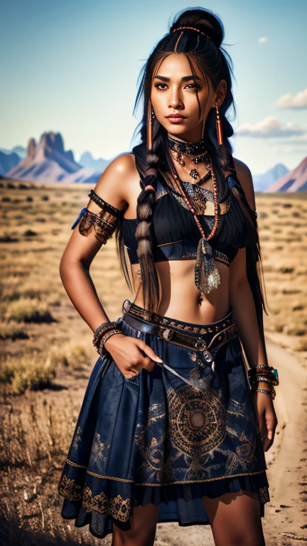 A high resolution ultra detailed realistic photo with a Native American woman, Native American woman with long legs and curvy figure, hairstyle wild braids, clothing is a mix of cyberpunk and  Native American style, Native American woman with full body pose dancing and looking towards the Camera, the clothes swing in the air, the background of the picture is at night in the steppe with mountains in the background, Clothing Maxi dress, Clothing maxi skirt, Clothing long maxi dress, large Native American tattoos, Kleidung in roter Farbe